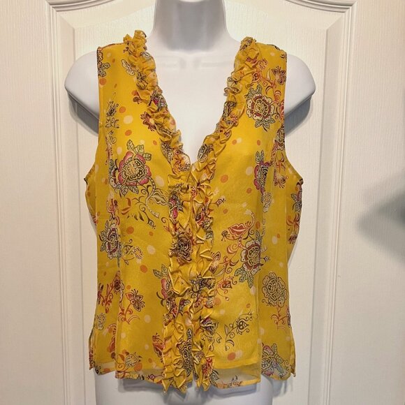 Edward Tops - Edward Vintage Women's 100% Silk Floral Sleeveless Ruffle Top Button Up-V Neck M